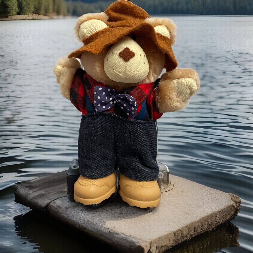 Vintage Furskins 7” Teddy From 1986! Denim Overalls, Tan Boots, Bow Tie And Hat